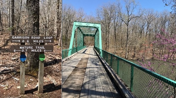 Garrison Road Loop and Nature Trail signs; bridge at Old Stone Fort