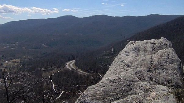 View of valley and ridge from atop a bare rock