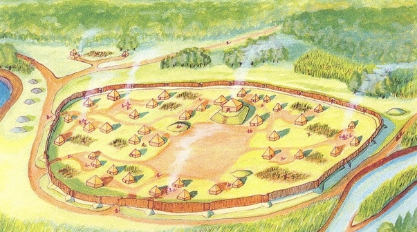 Drawing overhead view of a historical Native American village