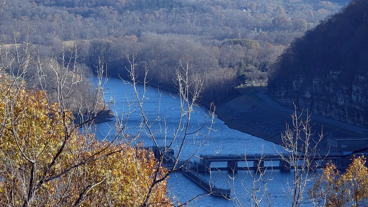 View of Cordell Lake and dam and landscape from the scenic overlook at Tator Knob